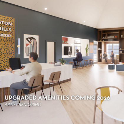 A view of the leasing office at Preston Hill with two grey chairs and a table.